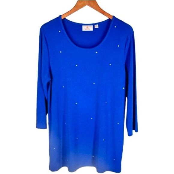 Quacker Factory Knit Tunic Top M Royal Blue with Rhinestones 3/4 Sleeve - Picture 1 of 5